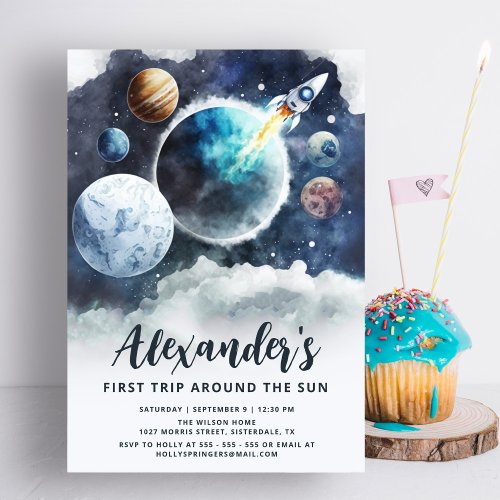 Outer Space Planets  Rocket Ship Boy 1st Birthday Invitation