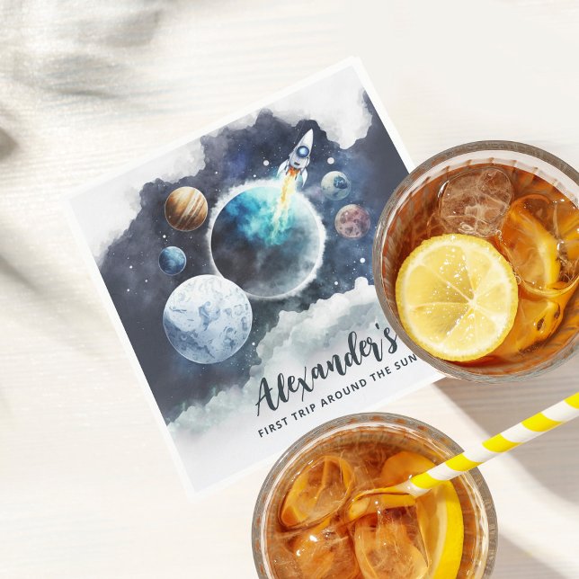 Outer Space Planets & Rocket Ship Boy 1st Birthday Napkins (Creator Uploaded)