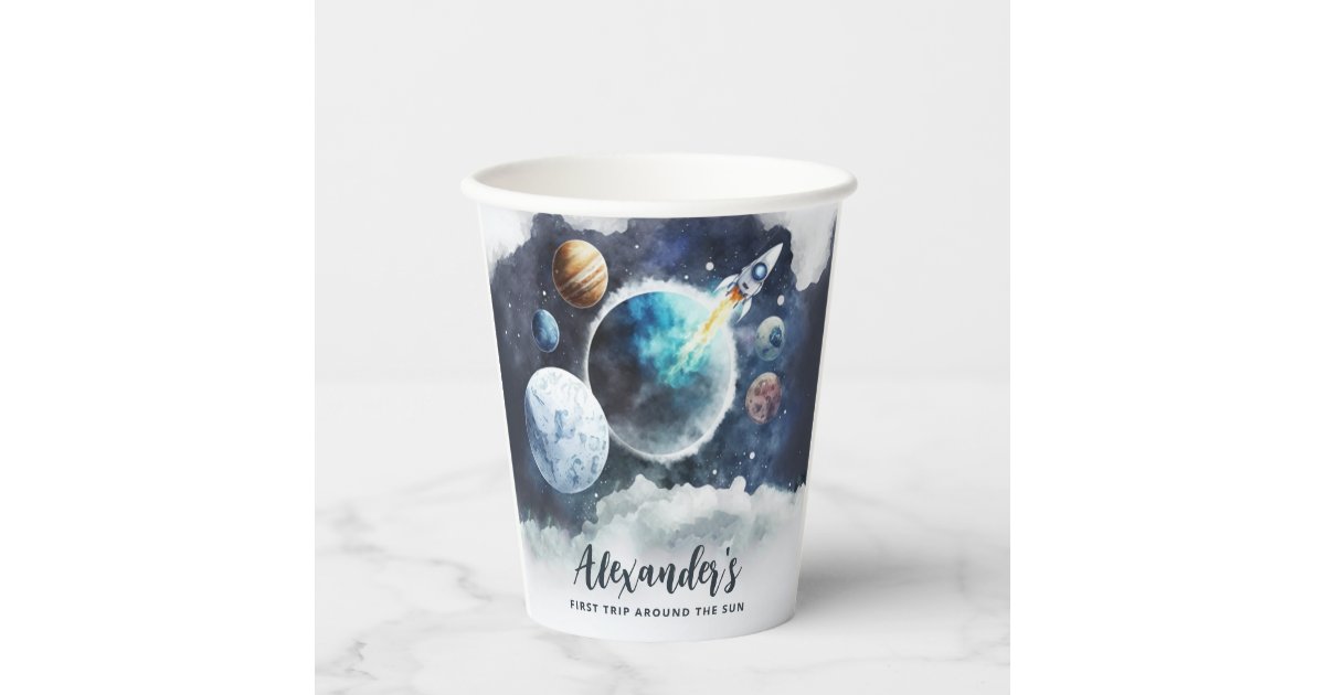 Outer Space Planets & Rocket Ship Boy 1st Birthday Paper Cups | Zazzle