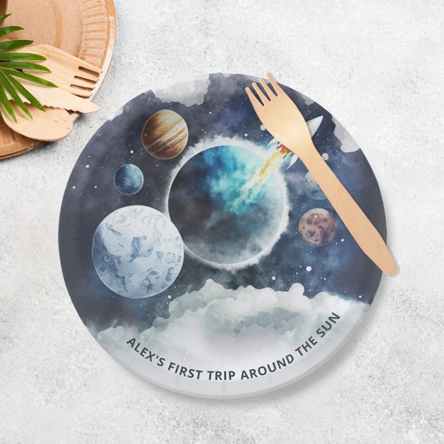 Outer Space Planets & Rocket Ship Boy 1st Birthday Paper Plates (Creator Uploaded)