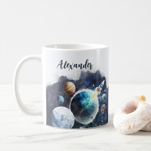 Outer Space Planets & Rocket Ship Personalized Coffee Mug (With Donut)