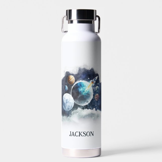 Outer Space Planets Rocket Ship Personalized Kids Water Bottle (Front)