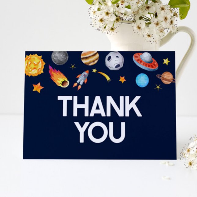 Outer Space Planets Rocket Ship Spaceship Blue Letterpress Thank You Card (Creator Uploaded)