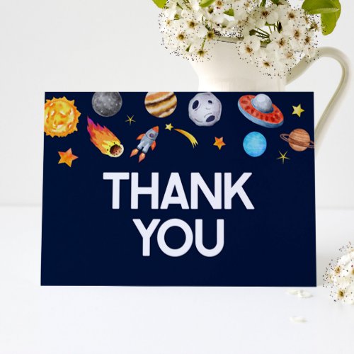 Outer Space Planets Rocket Ship Spaceship Blue Thank You Card