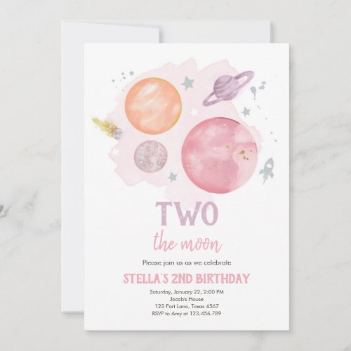 Outer Space Planets Two The Moon Girl Birthday Inv Invitation
