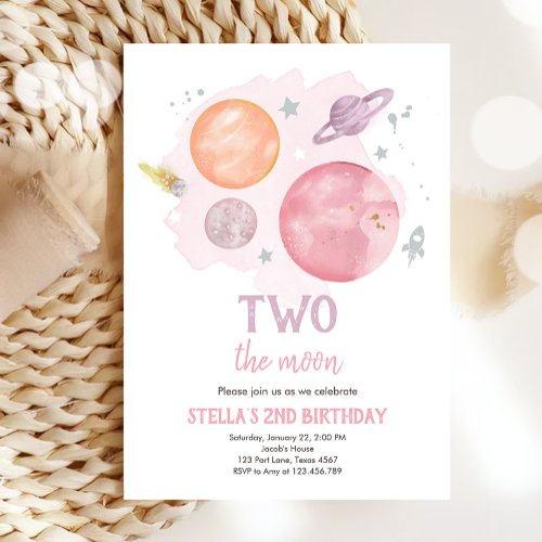Outer Space Planets Two The Moon Girl Birthday Invitation