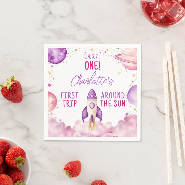 Outer Space Purple First Birthday Napkins (Insitu)