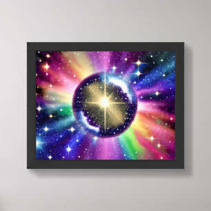 Outer Space Rainbow Surrounds Metal Shiny Sphere Framed Art