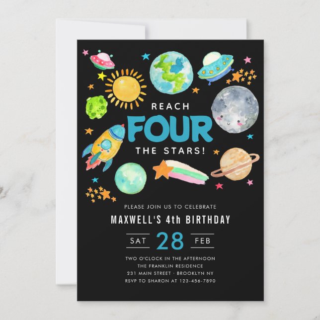Outer Space Reach FOUR the Stars 4th Birthday Moon Invitation (Front)