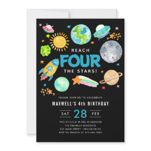 Outer Space Reach FOUR the Stars 4th Birthday Moon Invitation