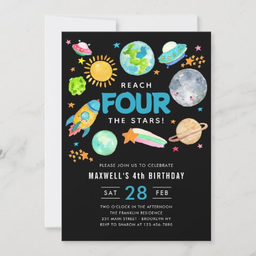 Outer Space Reach FOUR the Stars 4th Birthday Moon Invitation