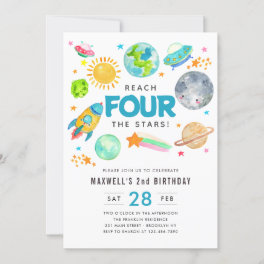 Outer Space Reach FOUR the Stars 4th Birthday Moon Invitation