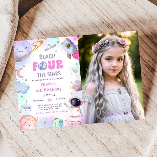 Outer Space Reach FOUR the Stars Birthday Photo Invitation