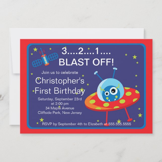 Outer Space Rocket Birthday Party Invitations (Front)
