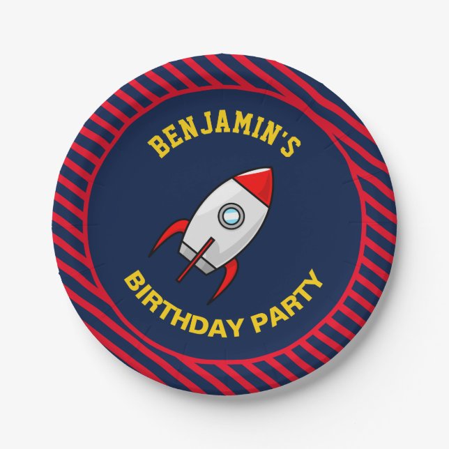 Outer Space Rocket Birthday Party Paper Plates (Front)