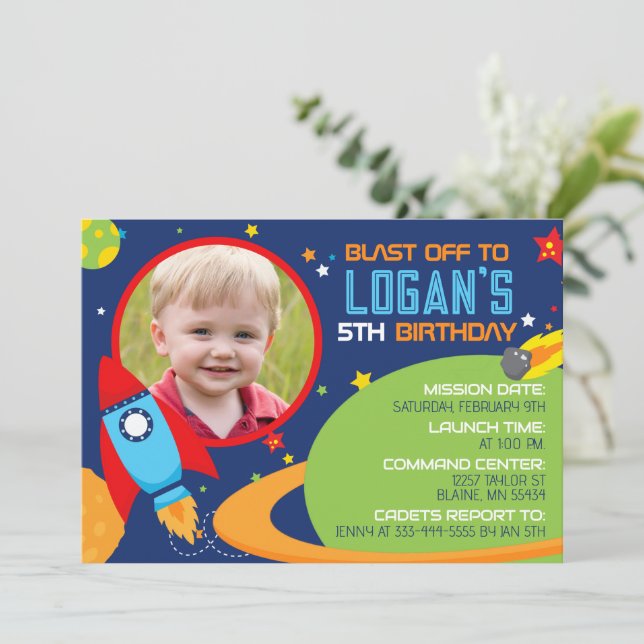 Outer Space Rocket Birthday Party Photo Picture Invitation (Standing Front)
