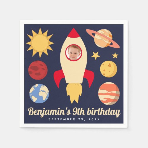 Outer Space Rocket Boy Photo Planets Birthday Napkins