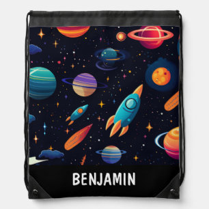 Outer Space Rocket Custom Drawstring Bag