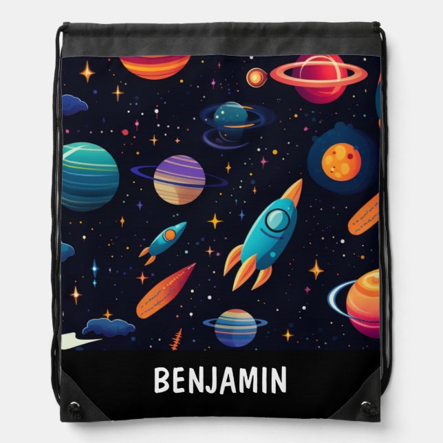 Outer Space Rocket Custom Drawstring Bag (Front)