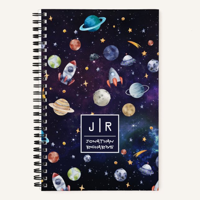 Outer Space Rocket Galaxy Planets Personalized Notebook (Front)