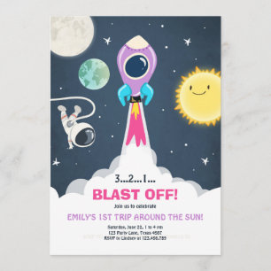 Outer Space Rocket Girl Pink Birthday Invitation