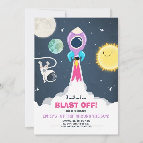 Outer Space Rocket Girl Pink Birthday Invitation