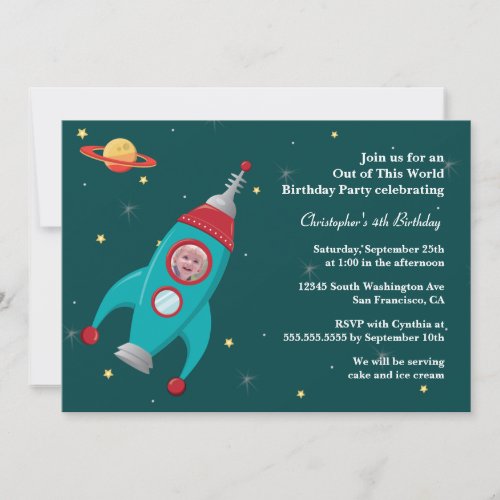 Outer space rocket photo birthday party invitation