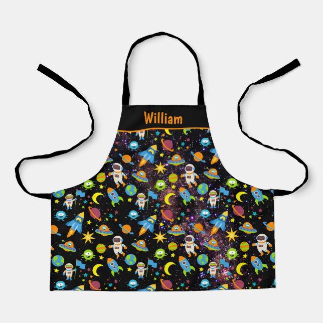Outer Space Rocket Planet Black Apron (Front)
