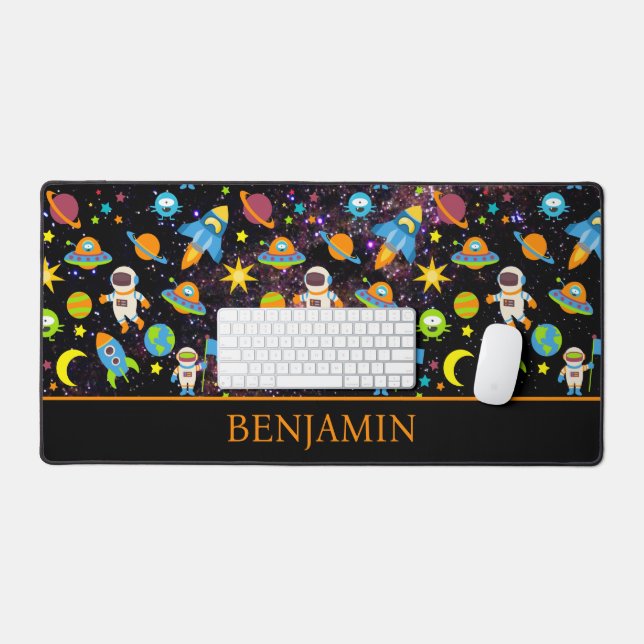 Outer Space Rocket Planet Black Desk Mat (Keyboard & Mouse)