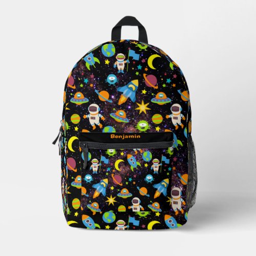 Outer Space Rocket Planet Black Printed Backpack