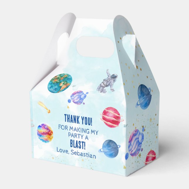 Outer Space Rocket Planets blue boy Birthday Favor Boxes (Front Side)