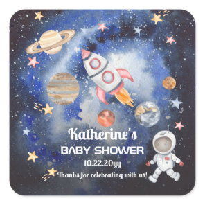 Outer Space Rocket Planets Boy Baby Shower Square Sticker