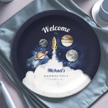 Outer Space Rocket Planets Galaxy Paper Plates<br><div class="desc">Outer Space Rocket Planets Galaxy - Whimsical watercolors and modern typography complement the design. Personalize with your details easily and quickly,  press the customize it button to further re-arrange,  and format the style and placement of the text.
Matching items in our shop.</div>