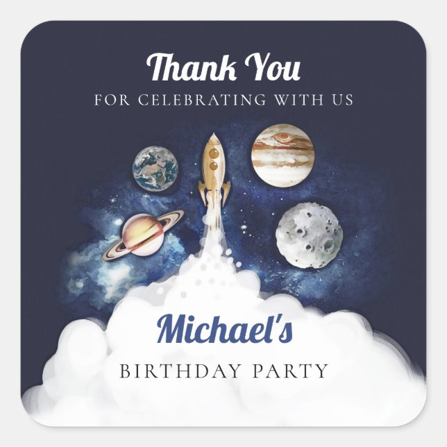 Outer Space Rocket Planets Galaxy Square Sticker (Front)