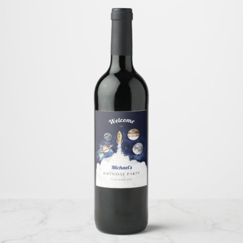 Outer Space Rocket Planets Galaxy Wine Label