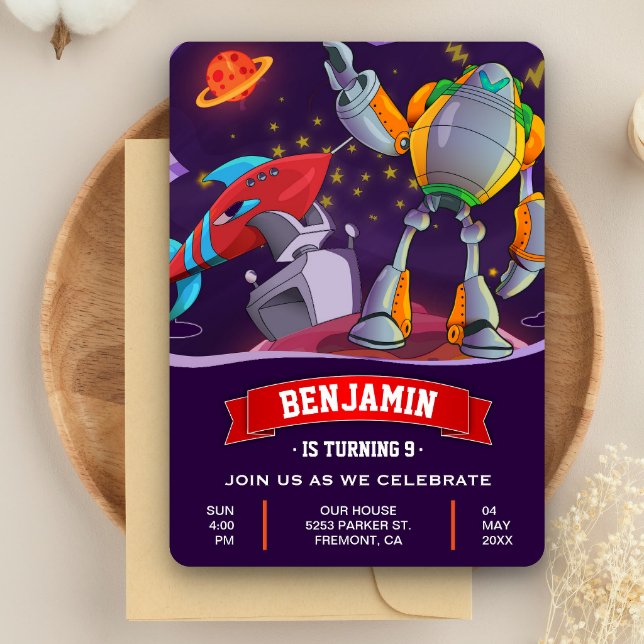 Outer Space Rocket Robot Kids Birthday Invitation