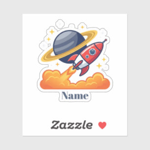 Outer Space Rocket Ship and Planet Personalized Sticker