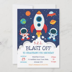 Outer Space Rocket Ship Astronaut Galaxy Birthday Invitation
