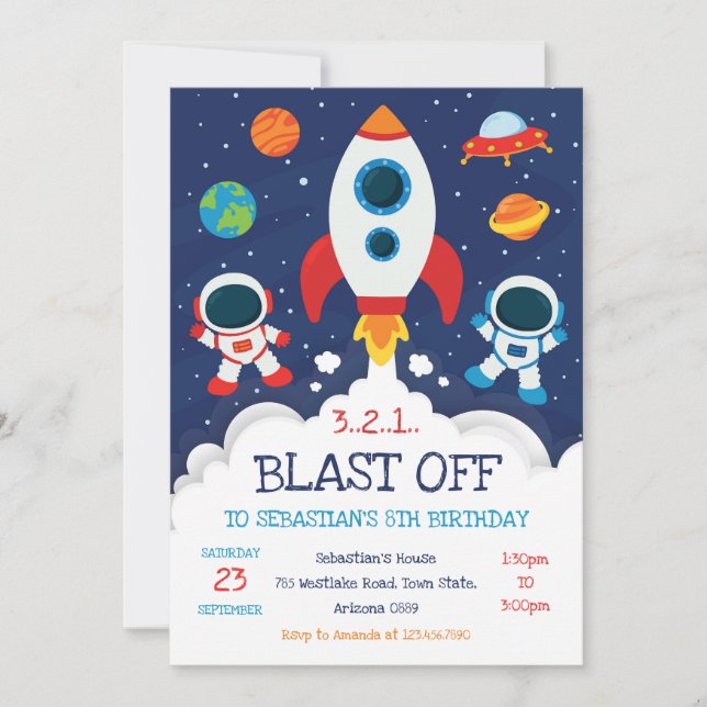 Outer Space Rocket Ship Astronaut Galaxy Birthday Invitation (Front)