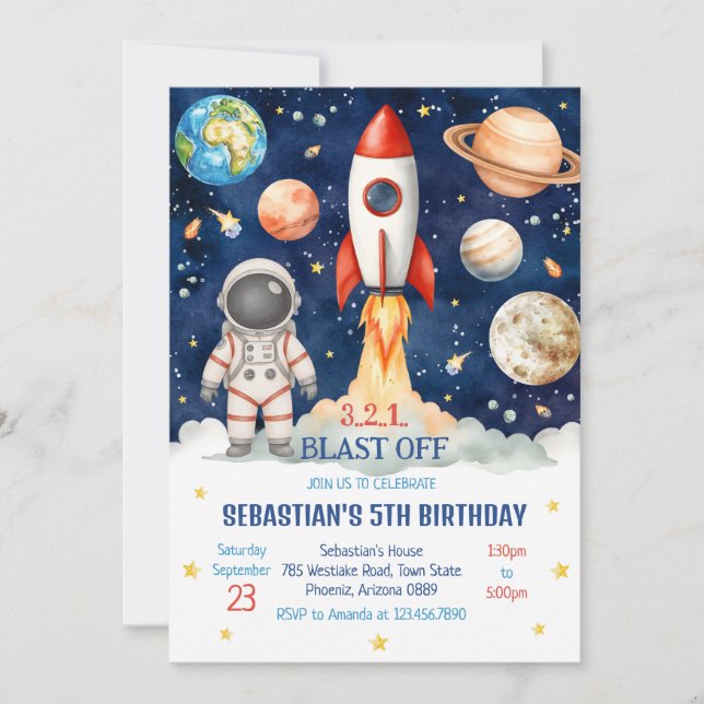 Outer Space Rocket Ship Astronaut Galaxy Birthday  Invitation (Front)