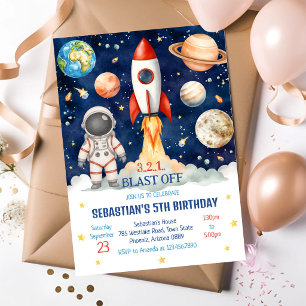 Outer Space Rocket Ship Astronaut Galaxy Birthday Invitation