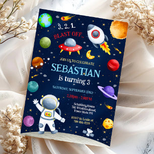 Outer Space Rocket Ship Astronaut Galaxy Birthday Invitation