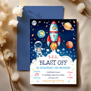 Outer Space Rocket Ship Astronaut Galaxy Birthday Invitation