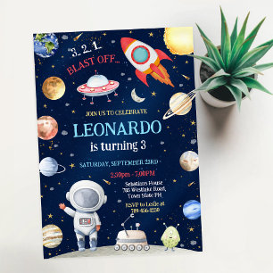 Outer Space Rocket Ship Astronaut Galaxy Birthday Invitation