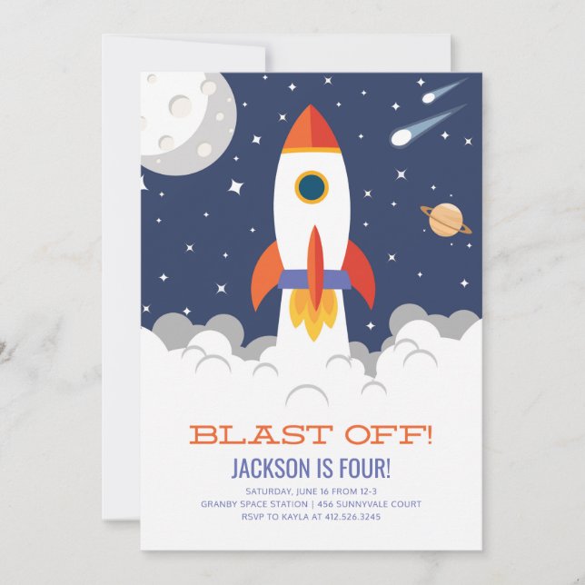 Outer Space Rocket Ship Birthday Invitation (Front)