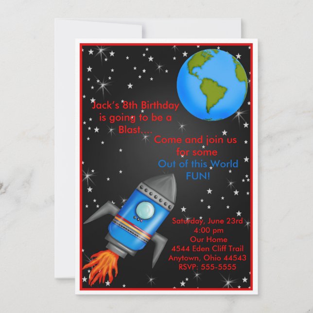 Outer Space Rocket Ship Birthday Invitations (Front)