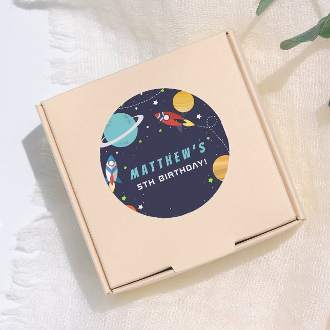Outer Space Rocket Ship Birthday Party Classic Round Sticker (Creator Uploaded)
