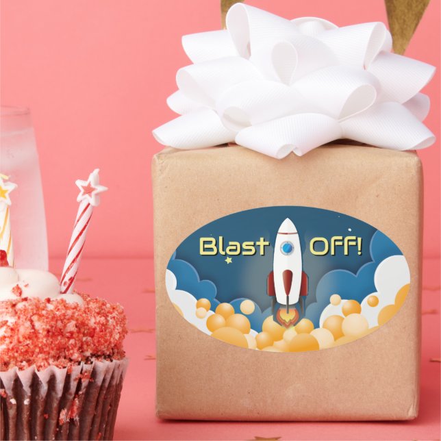 Outer Space Rocket Ship Personalized Name Oval Sticker (Party)