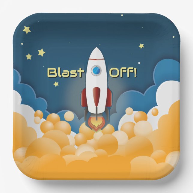 Outer Space Rocket Ship Personalized Name Paper Plates (Front)