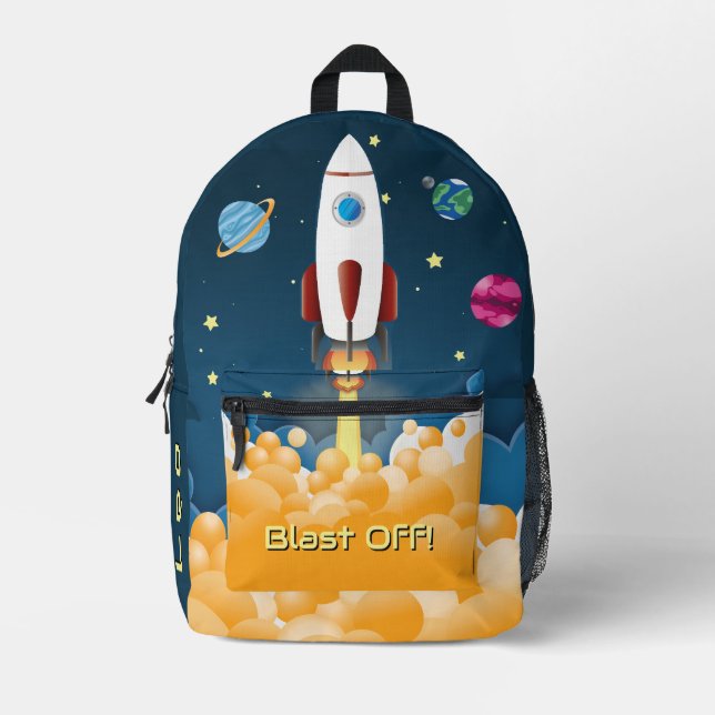 Outer Space Rocket Ship Personalized Name Printed Backpack (Front)